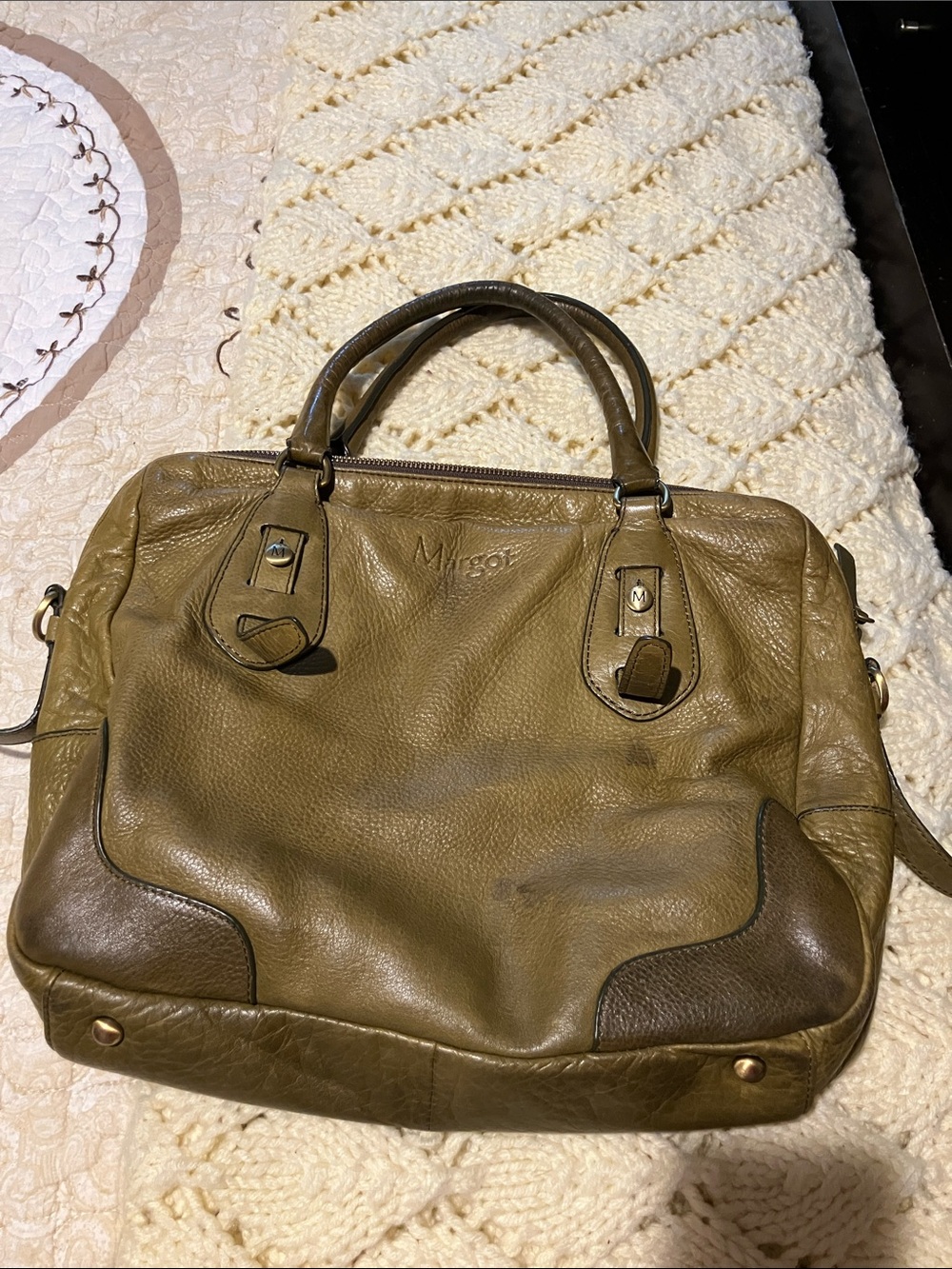 margot Olive Green Pebbled Leather Interior Zip Tote